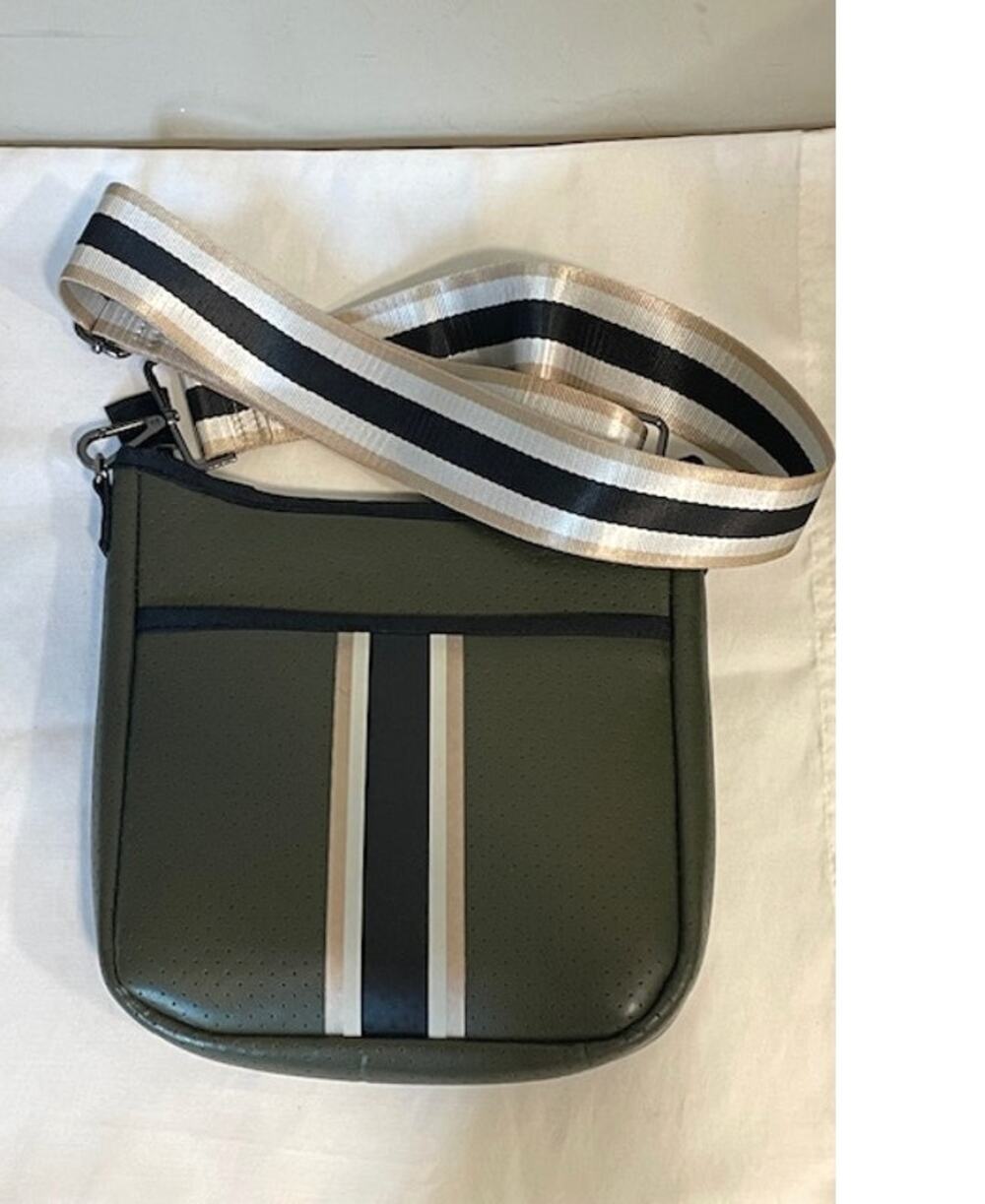Haute Shore Blake Neoprene Black Green White Stripe Crossbody Bag